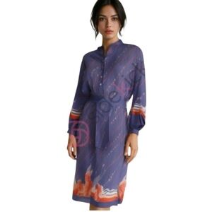 Vintage 70 Knee Length Dress XS/S Blue Floral Long Sleeve Feminine Steward Disco